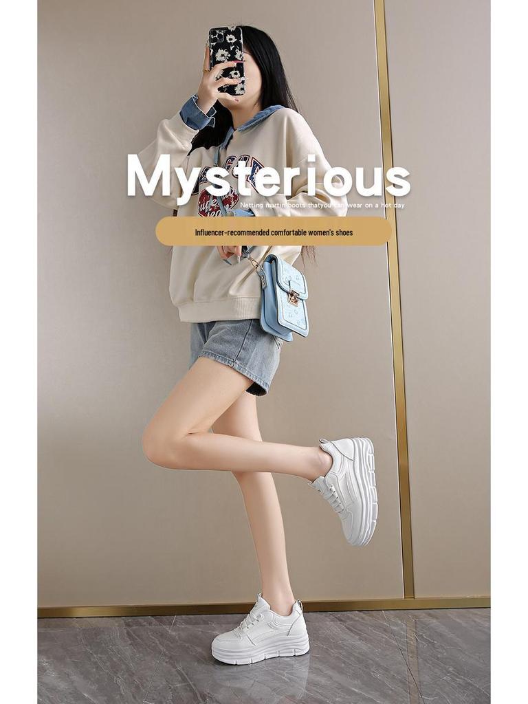 Women's W3612 White Leather Thick-Soled Casual Shoes, 2024 Autumn Collection