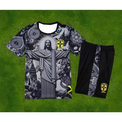 2026 Streetwear 2 Piece Set for Adults and Kids Brazil Christ The Redeemer Short Sleeve T Shirt Shorts Summer Football Tracksuit