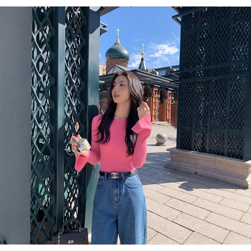 Herbst schwarzer Rundhals Strickpullover Damen Frühling schlank und dünn vielseitiges langärmeliges Unterhemd lässiges Oberteil