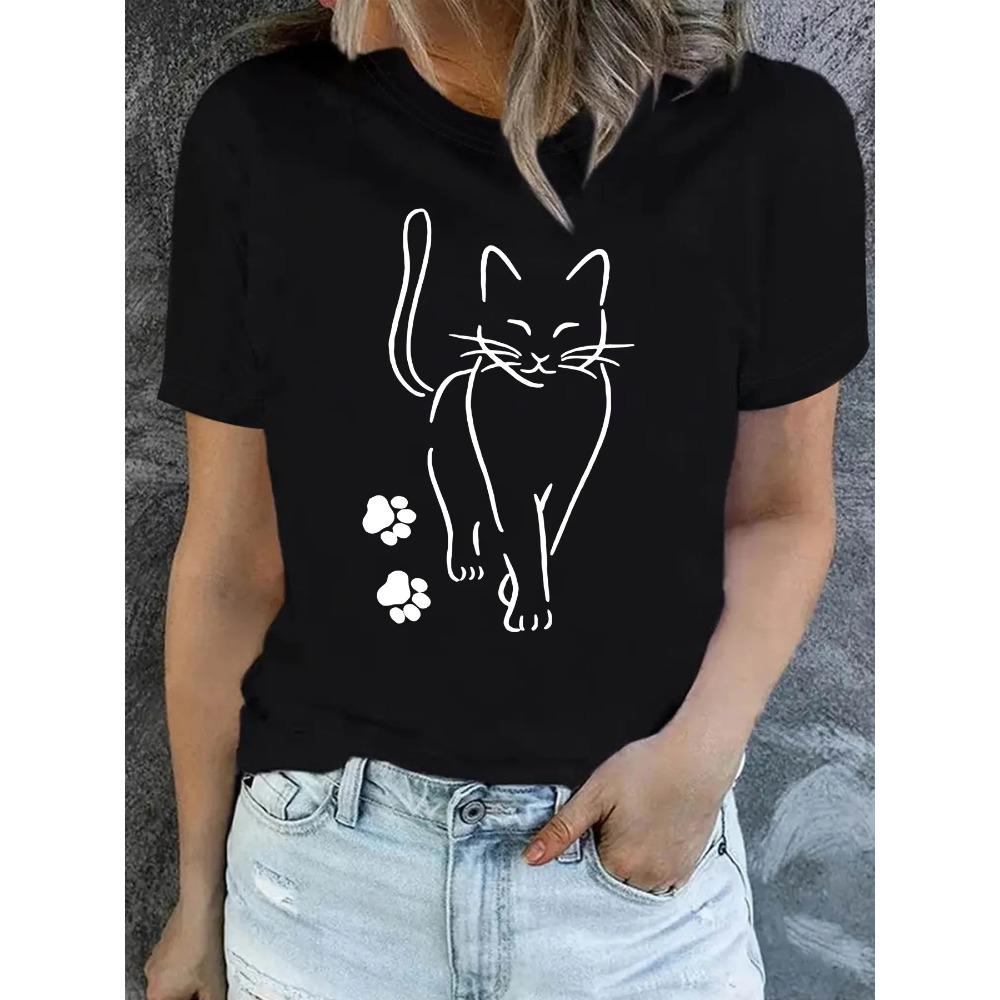 Cute Cat Paw Print T-shirt Women's Harajuku Short Sleeve Casual Women's T-shirt Clothing Street Tops Clothes