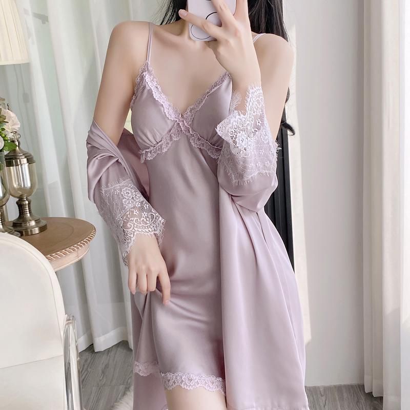 Ice and snow silk women's summer nightgown suspender spring and autumn nightgown simulation silk pajamas two-piece set live broadcast