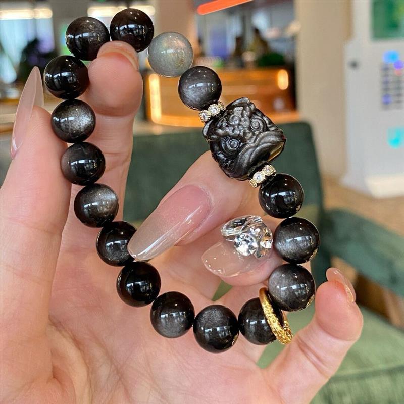 Women s Awakening Lion Silver Obsidian Bracelet - New Chinese Style