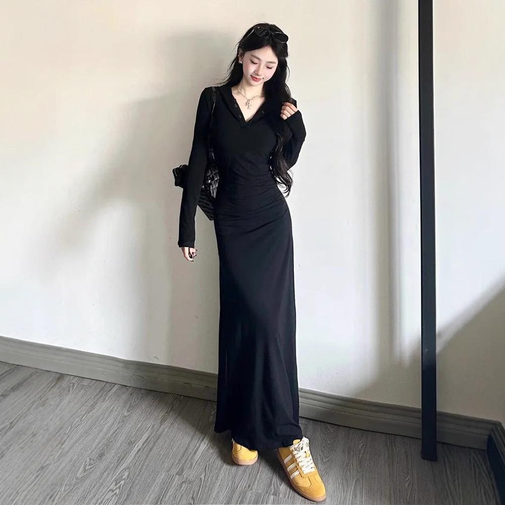 

2024 French Slim-Fit Black Long-Sleeve Dress for Women S чорний