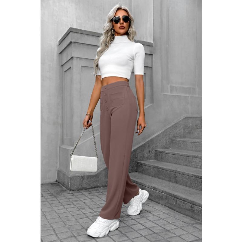 Women Casual High Waist Button Pocket Loose Straight Long Pants
