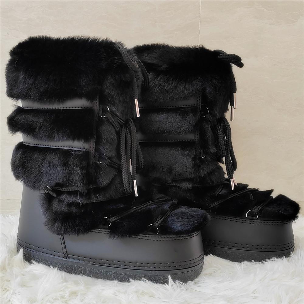 Faux Fur Boots for Women Warm Comfortable Woman Ski Boots  Winter Middle Claf Lace-up Waterproof Platform Snow Boots Black