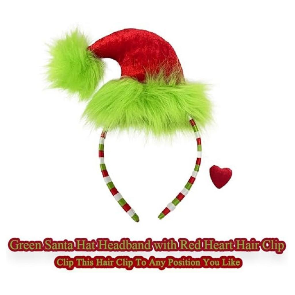 Green Plush Headband Christmas Hat Accessory With Red Heart Pattern Fun And Novelty Costume Accessory Christmas Party Accessory
