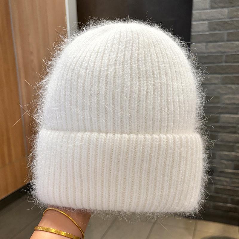 Winter angora rabbit fur warm solid color light board wool hat women's autumn and winter candy color vertical striped knitted hat