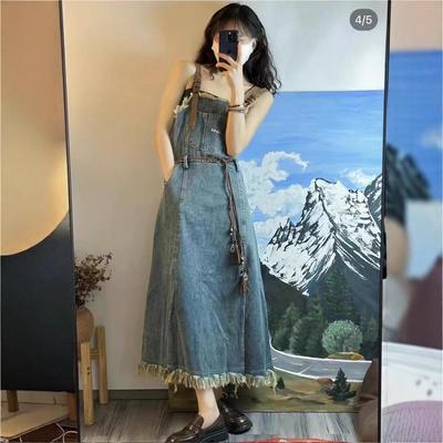 Women's Summer 2025 Retro Denim Spaghetti Strap Maxi Dress with Slit and Frayed Tassels