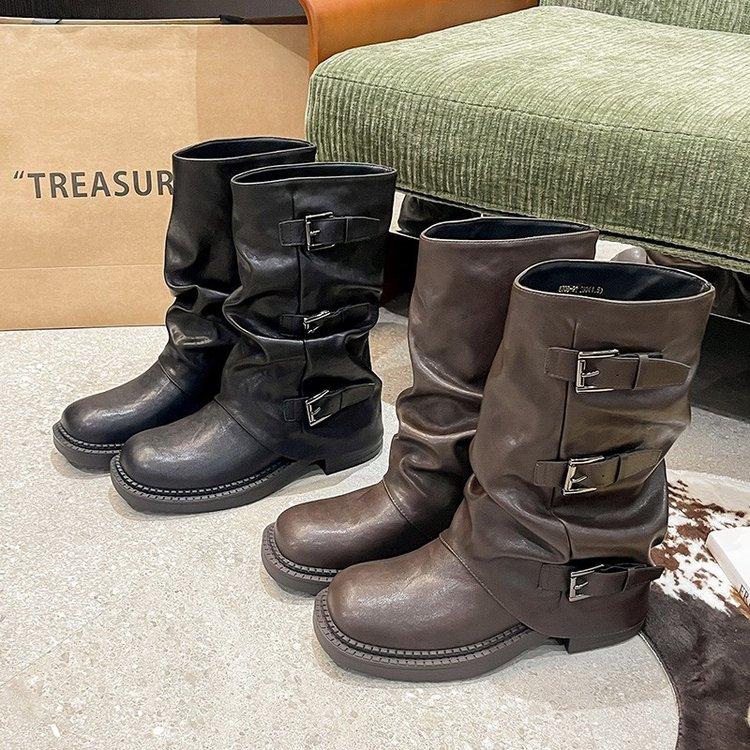 For comparison~ Leather thick-soled belt buckle western boots women's mopping boots wrinkled stacking boots medium long tube pants tube boots