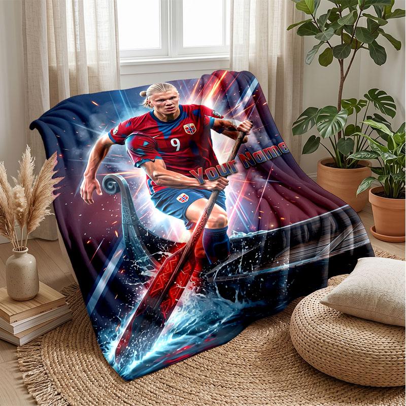 Erling Haaland Custom Name Text Flannel Blanket Soccer Logo Personalized Fleece Throw Blanket Special Gift For Sofa Bedroom Home