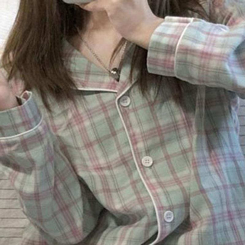 Pajamas Female Autumn and Winter Long-Sleeved Sweet Homewear Two-Piece Tide Cardigan Lapel Plaid Homewear