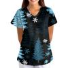 Women's Christmas Print Loose Fit V-Neck Short Sleeve Scrub Top with Pockets for Work