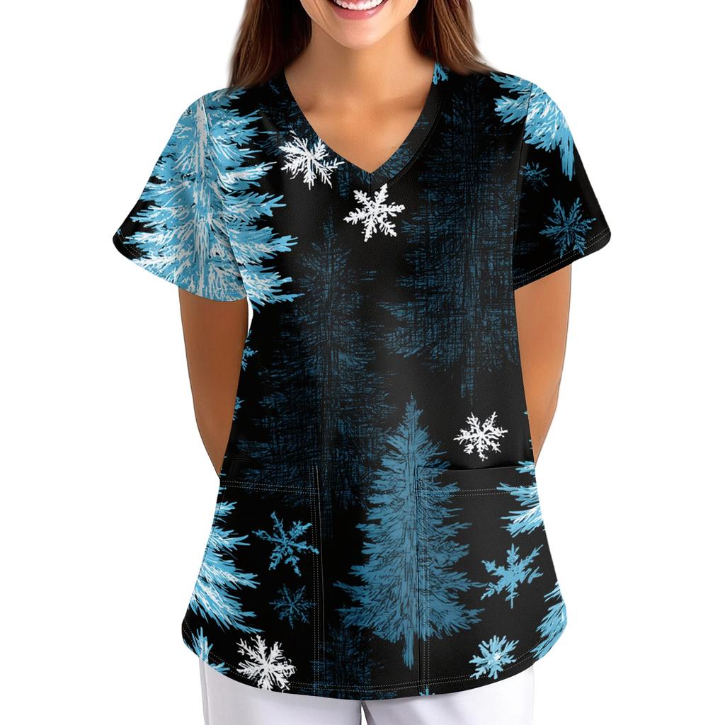 Women's Christmas Print Loose Fit V-Neck Short Sleeve Scrub Top with Pockets for Work