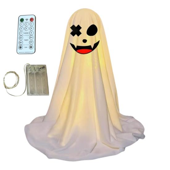 LED svítící figurka ducha Halloween Vnitřní dekorace ducha z bílé látky s dálkovým ovládáním pro domov, kuchyň, krbovou římsu, stůl, stolní desku, party dekorace