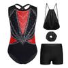 Kids Girls Gymnastics Dance Set Sleeveless Crisscross Back Shiny Rhinestones Color Block Metallic Leotard with Shorts Hairband and Drawstring Backpack