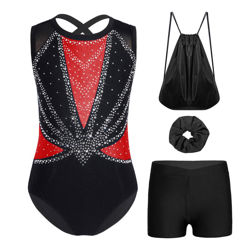 Kids Girls Gymnastics Dance Set Sleeveless Crisscross Back Shiny Rhinestones Color Block Metallic Leotard with Shorts Hairband and Drawstring Backpack