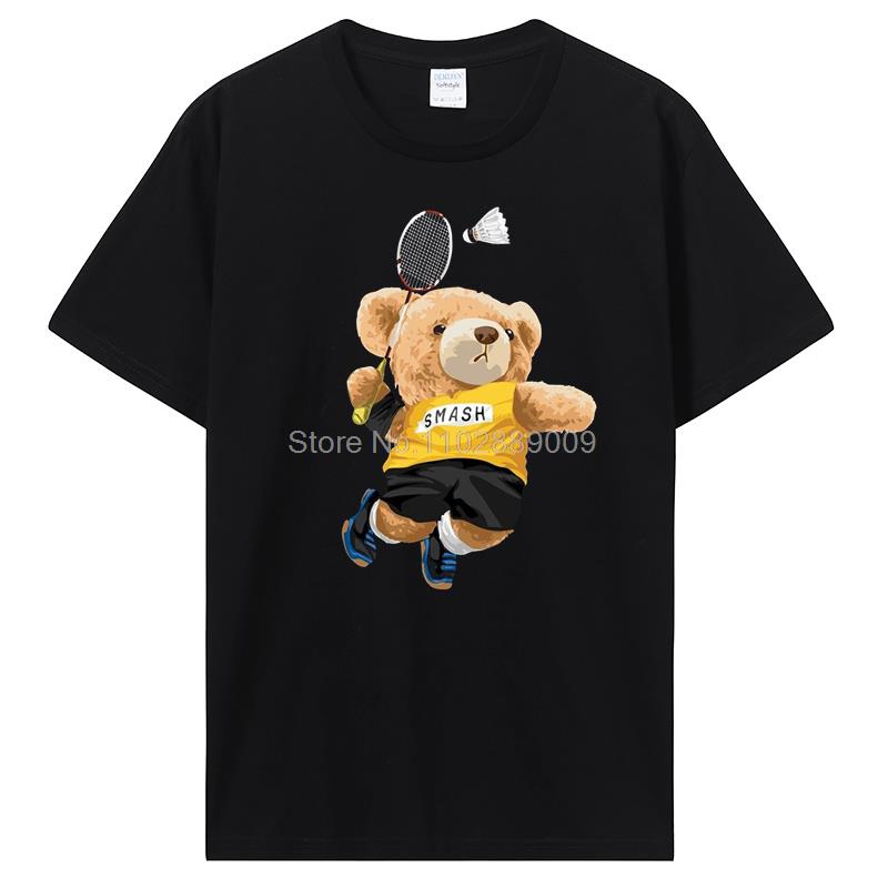 Teddy Bear Playing Badminton Tshirt Exercise Clothing T-shirt Graphics Kawaii Men Women Short Sleeve Printed T Shirt Top Tees
