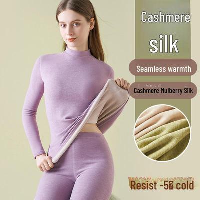 Women's Cashmere Silk Thermal Underwear Set: Seamless Autumn/Winter Top and Bottoms with Thickened Velvet