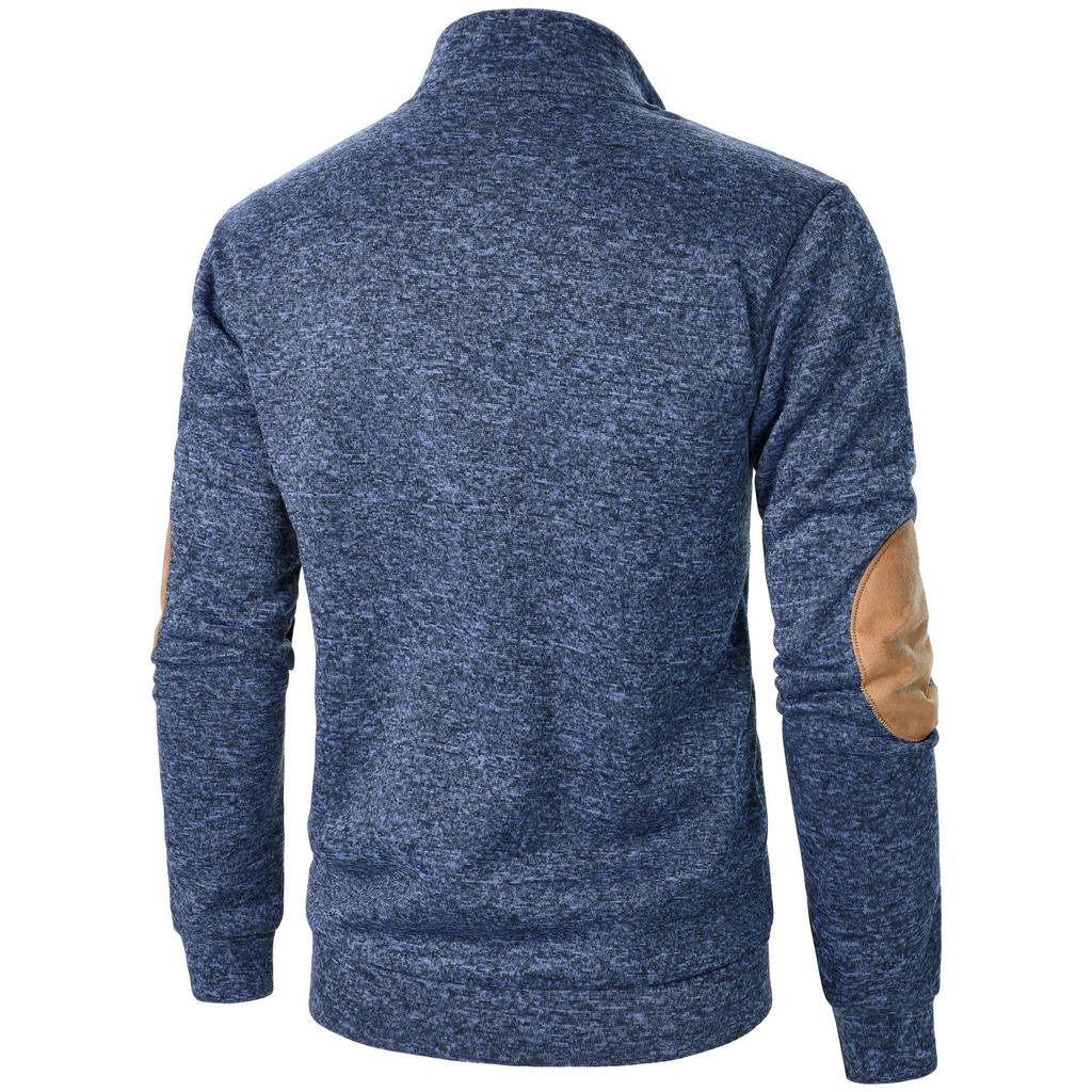 Men's Stand Collar Sweatshirt Jacket Knit Elbow Patch Casual Jacquard Cardigan Hoodie