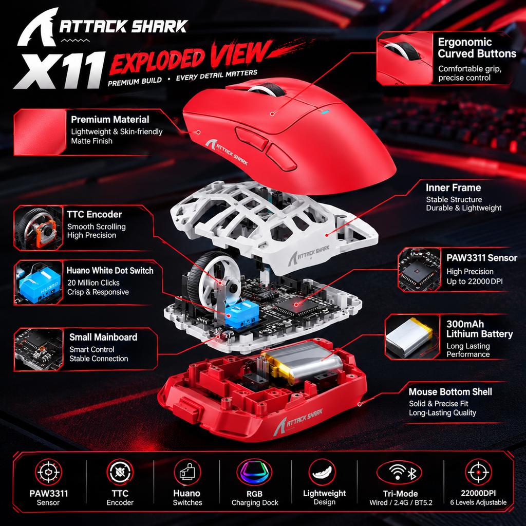 X11 Tri-Mode Wireless Mouse Red with RGB Magnetic Charging Dock, 22000DPI Lightweight
