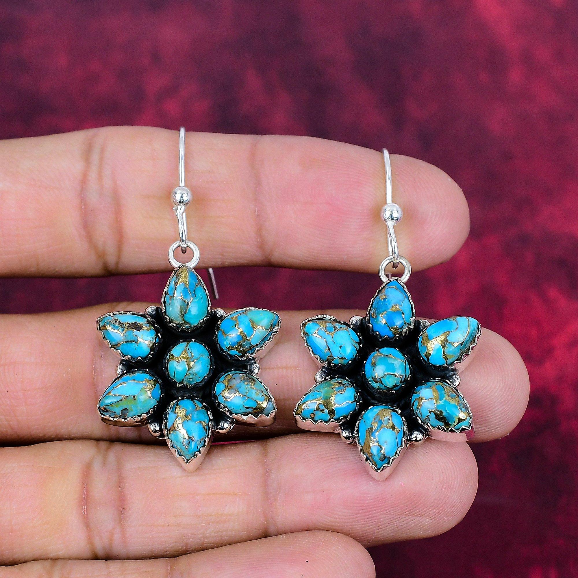 

Серьги ручной работы из голубого медно-бирюзового драгоценного камня, серьги из цельного серебра 925 пробы, старинные ювелирные изделия, для подарка на помолвку 1.96 Inches