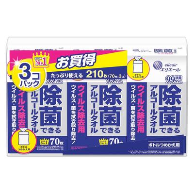 Elleair Wet Disinfecting and Virus Alcohol Bottle 210 Wipes Wipes X 3 Disinfecting Alcohol Wipes Wipes, Removal, Type, Refill, (70 Packs), [Bulk