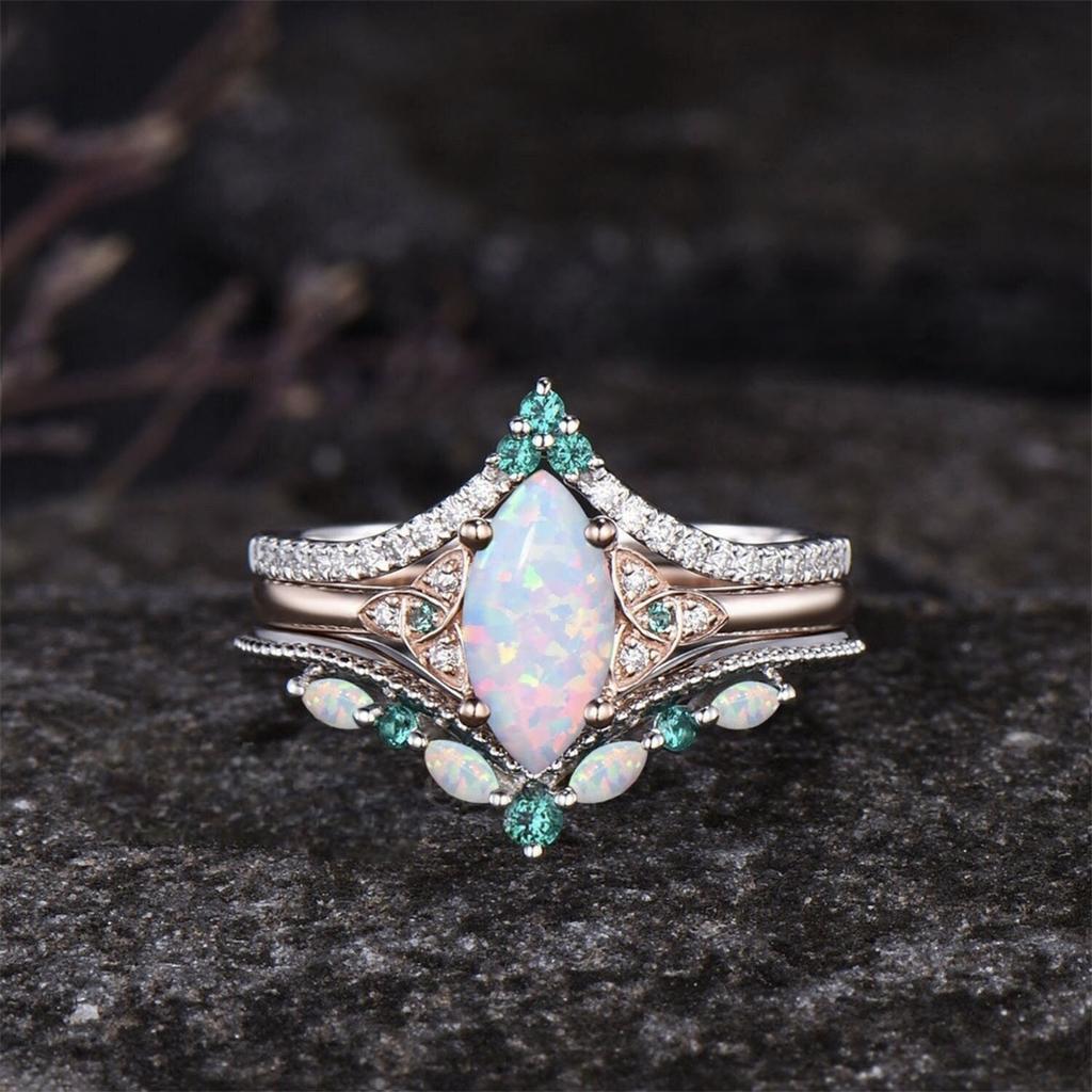 3Pcs/Set Fashion Rose Gold Color Rhinestone Opal Rings For Women Green Crystal Rings Set Wedding Engagement Jewelry Gifts
