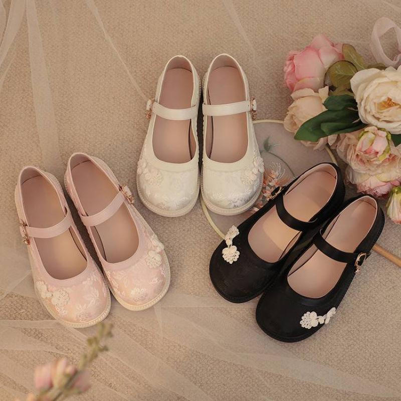 New girls Hanfu shoes comfortable thick-soled non-slip rubber sole buckle single shoes wear white children's princess shoes in all seasons