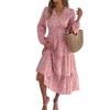 Robes Femme Mode Élégantes Florales Col V Manches Longues Taille Volants A-Ligne