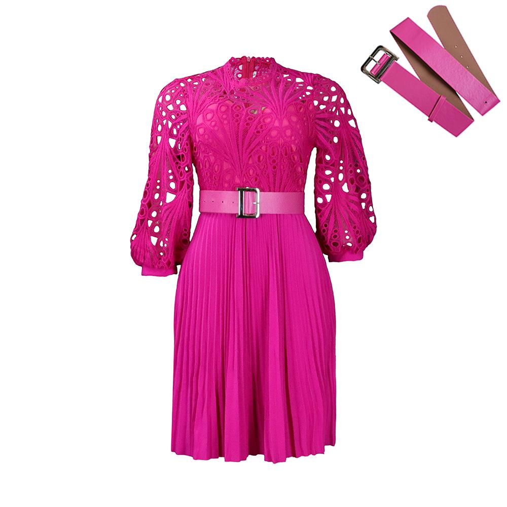 2024 Pure Color Lace Hollow Pleated Women's Dress - European and American Style