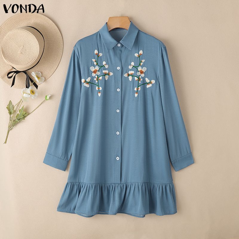 

VONDA Женское повседневное платье с отложным воротником, длинным рукавом, вышивкой и рюшами S синий