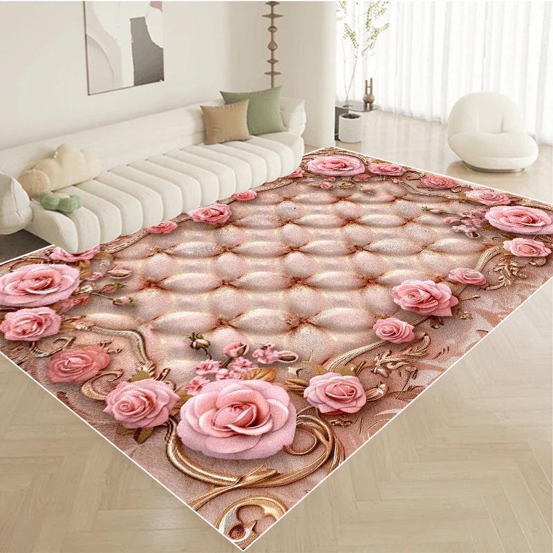 Nordic Luxury Pink Carpet Living Room Large Size Pastoral Flower Home Bedroom Rugs Washable Lounge Rug Hotel Lobby Floor Mats