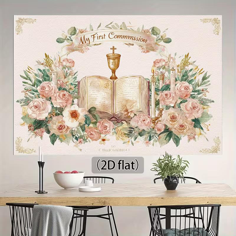2D Watercolor Style First Communion Backdrop Bible Chalice & Pink Roses Themed Banner