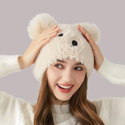 Žieminė moteriška megzta kepurė Meškiukas Kailis Kamuolys Pliušinė kepurė Ausų apsauga Šilta kepurė Rankovės dangtelis Skullies Beanies