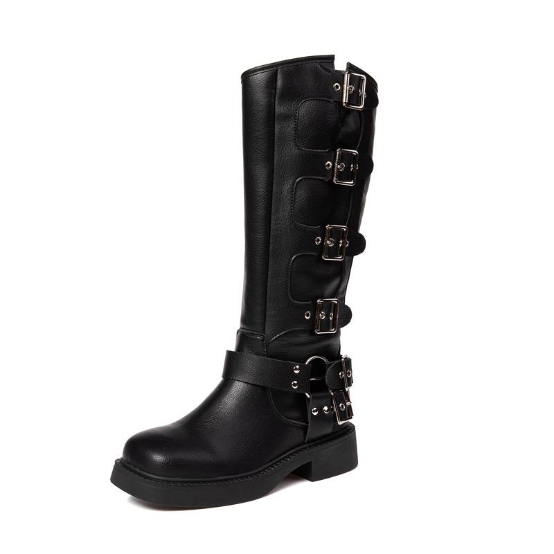 Leather Martin Boots Autumn and Winter New Flat-bottomed Retro Belt Buckle High Boots Western Cowboy Knight