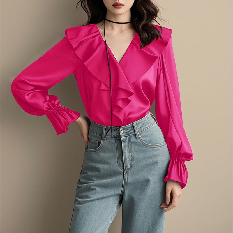 VONDA Women Elegant Lapel Solid Color Long Sleeve Ruffle Blouses