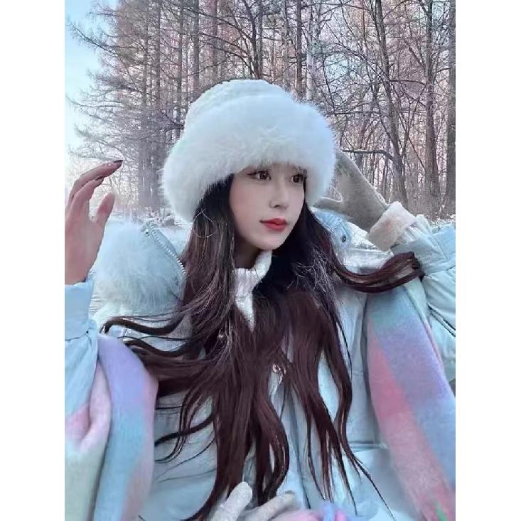 

Fox Fur Plush Hat for Women, Winter Korean Style, Face-Slimming, Thickened and Warm Fisherman Hat, Japanese Style, Large Head Circumference, Adjustable（56-58cm）Ge