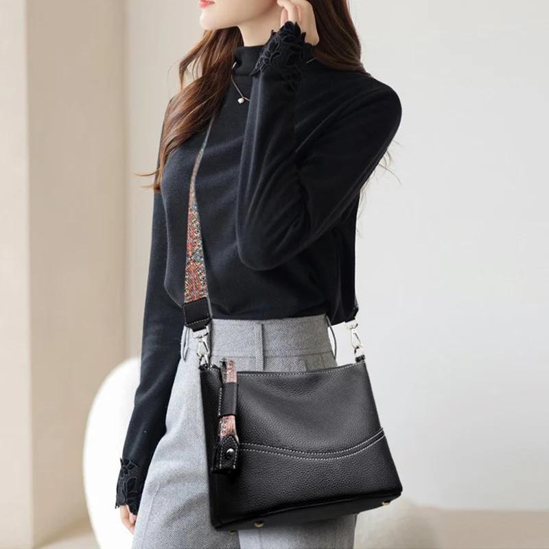 Women's Fashi Cow Leather Crossbody Bags Female Casual Commute Soft Handbags Ladies Retro Real Cowhide Shoulder Bag for Lady