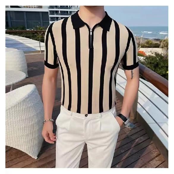 

Summer Men s Knitted Short Sleeve Half-Zip Polo Shirt Korean Style Slim Fit Casual Turn-Down Collar Half Sleeve T-Shirt Base Shirt M хакі
