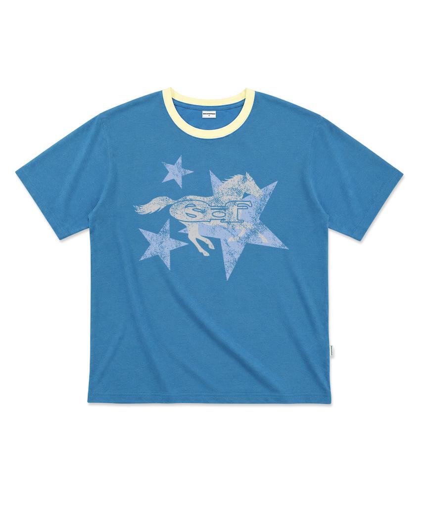 ESCAPEFROM [Escf X Hot Today] Lone Star Horse Roll-Up Point Short Sleeve T-Shirt Blue