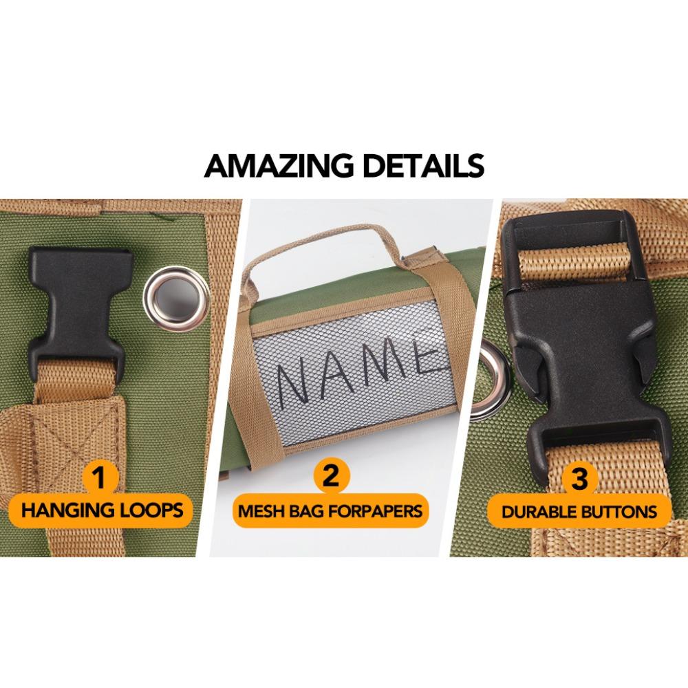 Portable, electrician, tool carrying storage bag, vehicle maintenance tool storage bag, hardware tool kit storage bag