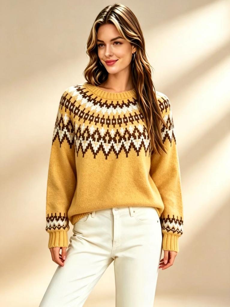 2026 Autumn and Winter Retro Fair Island Jacquard Crew Neck Sweater Women's Loose Lazy Soft Waxy Knitted Sweater Jumper
