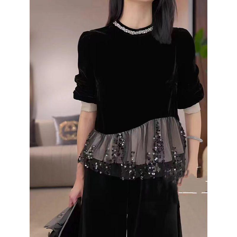 

Spire Export Order! Fake Two-Piece Poplin Yarn Patchwork Flashing Sequins Irregular Shirt Elegant Female Bandage Dress Outwear Black L