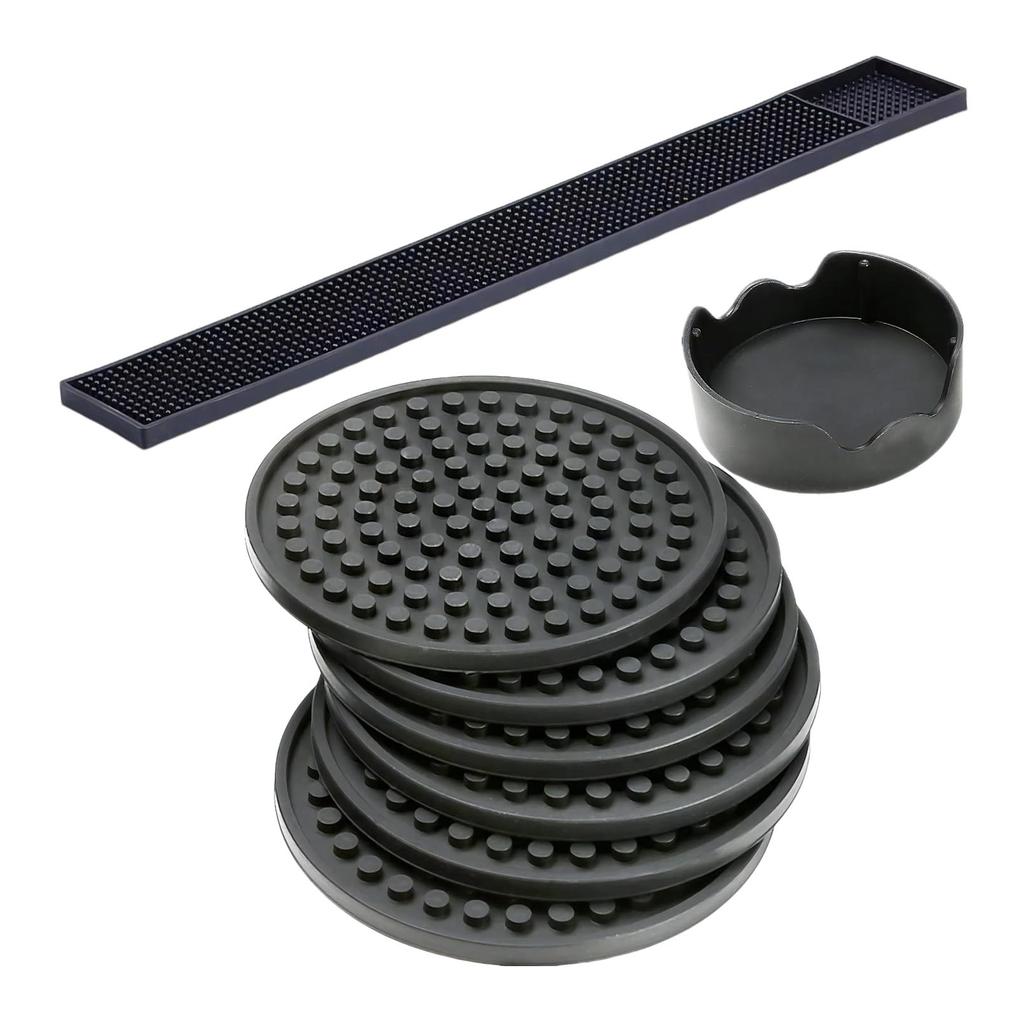 heizi Bar Mat, Counter, Coaster Set of 6, Draining Mat, Silicone with Case (Bar Mat 60cm x 8cm, Set of 6 Coasters)