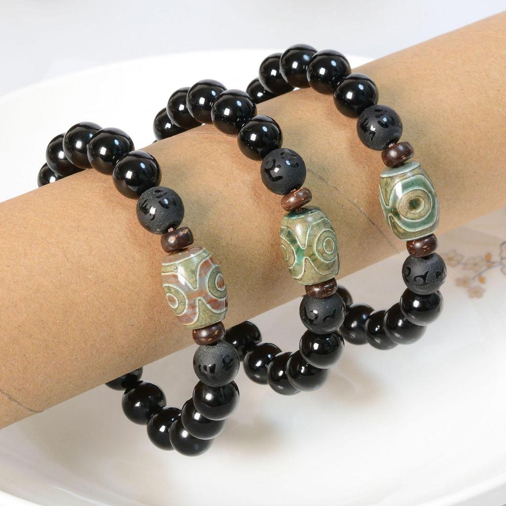 Tibetan Three-Eyed Dzi Agate & Coconut Shell Mantra Bracelet