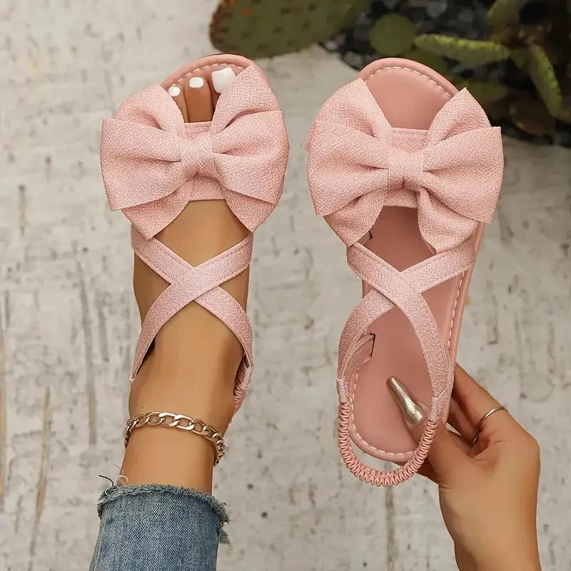 Fashion Women Sandals 2025 New Summer Beach Casual Slippers Fashion Outdoor Bow Tie Flat Shoes  Home Lightweight Sandals Slides Women