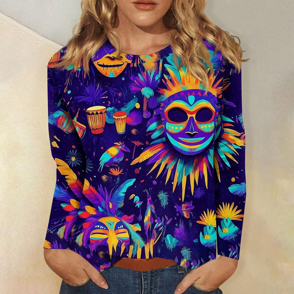 Long Sleeve Shirts For Women Cute Print Graphic Tees Blouses Dressy Casual Blouses Pleated Scooped Neck Tunic Tops Christmas