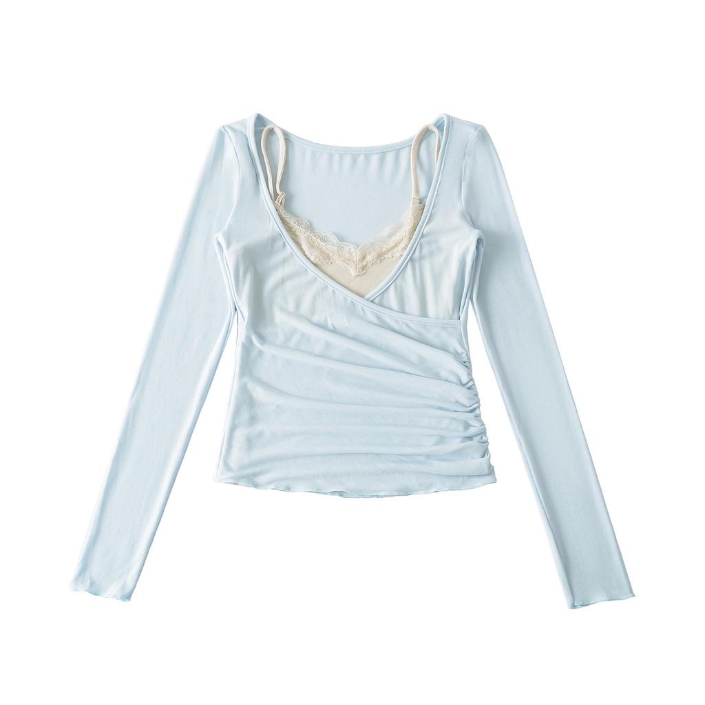 2026 Summer French Lace Camisole & V-Neck Slim Fit Sheer Long Sleeve Sun Protection Women's Two-Piece Set