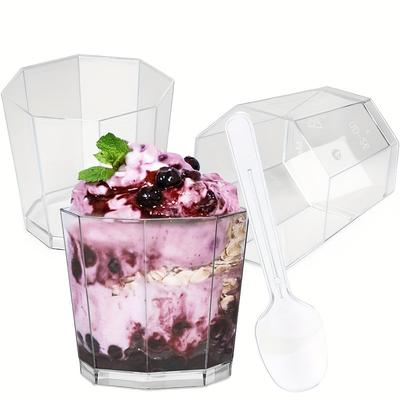 10 Stück Kunststoff-Moussebecher, Gelee-Pudding-Dessertbecher mit Löffel-Set, Einweg-Geleebecher, Trapezbecher für Eiscreme