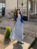 Elegant Blue Jacquard Lace Camisole Dress & Cardigan Set for Plus Sizes